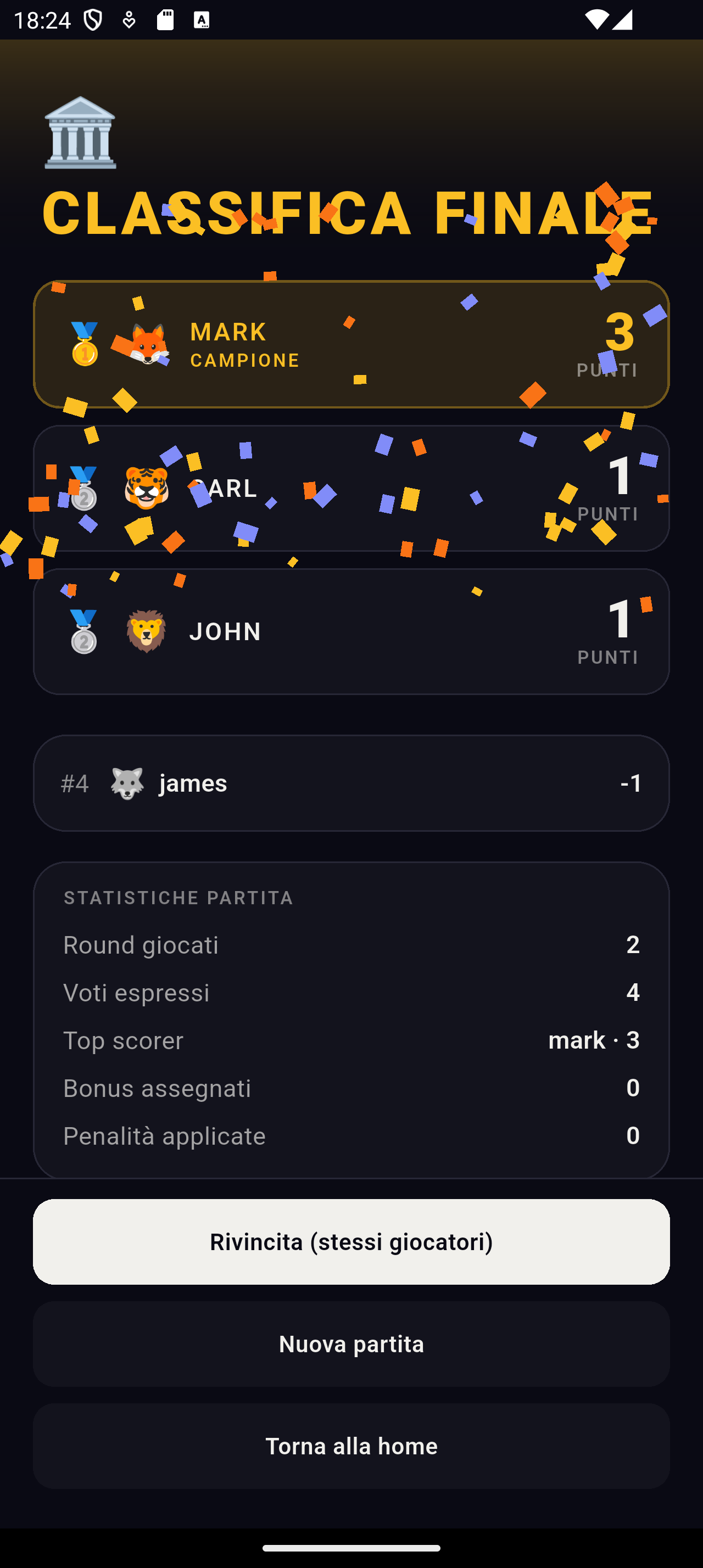 Standings screen